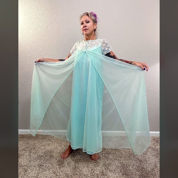 50s Vintage Lingerie Set Blue & Pink Gown Robe Rockabilly Pinup Boudoir MCM S M - Picture 9 of 14